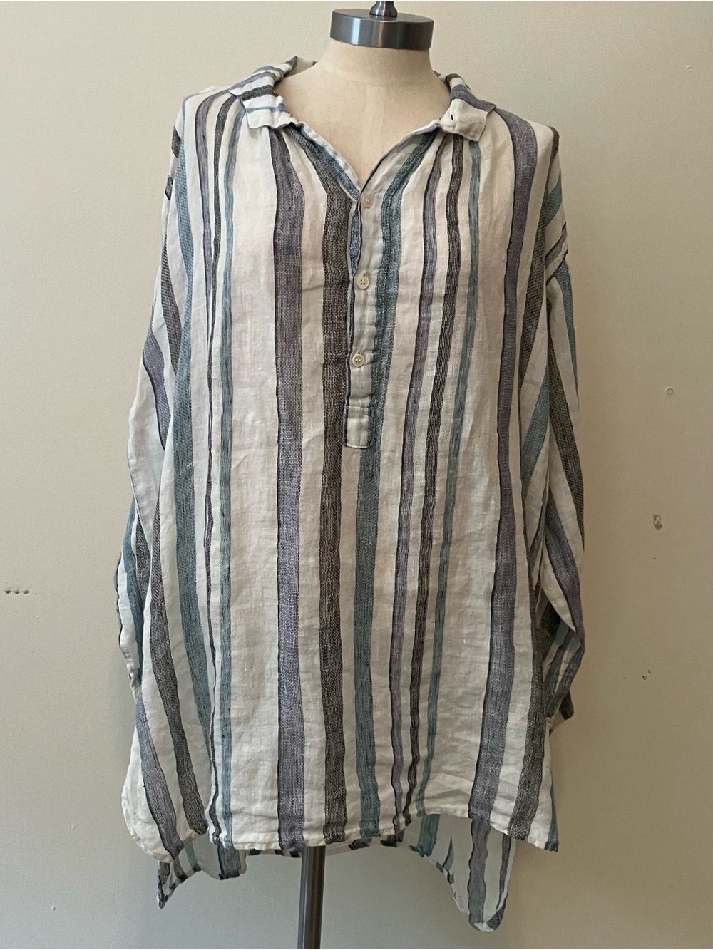 CP Shades Womens S Linen Popover Tunic Shirt Top Striped Collared Oversized